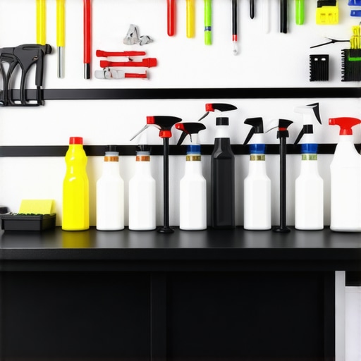 Car Detailing Maintenance Station Tools and supplies for maintaining car detailing equipment neatly arranged.