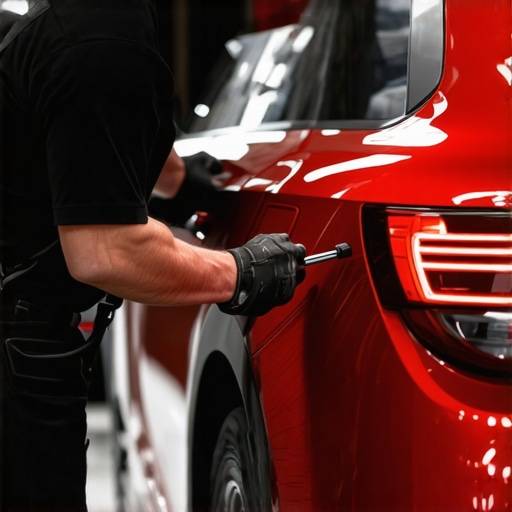 A car detailer polishing a red vehicle with professional tools in a bright garage.
