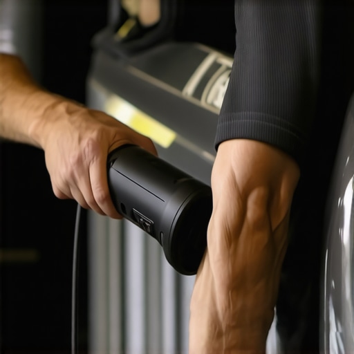 Person polishing a car with cordless buffer on a sunny day in a professional garage.