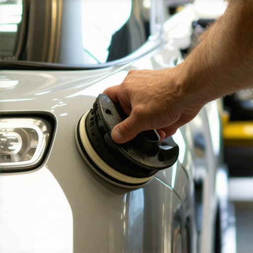 Person polishing car paint with a dual-action polisher and foam pad in a garage setting
