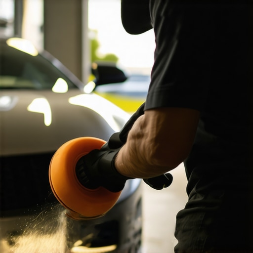 Person using dual-action polisher on a car in garage setting