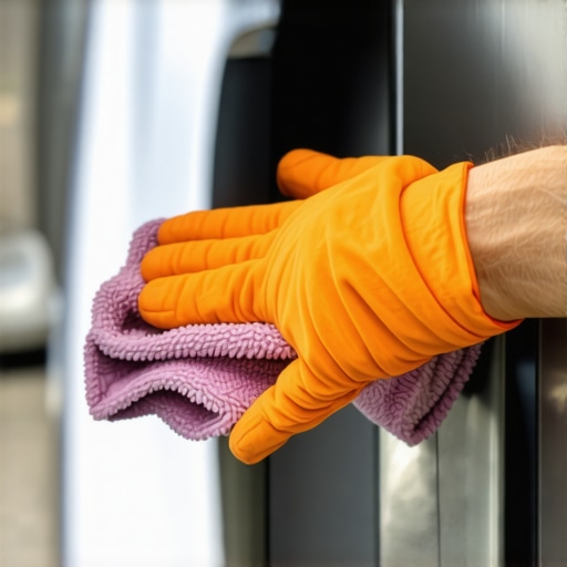 Car polishing process with microfiber cloths Detailer polishing a car with microfiber cloths for a shiny finish