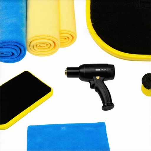 A professional car detailing kit featuring a cordless polisher, microfiber cloths, and ceramic coatings