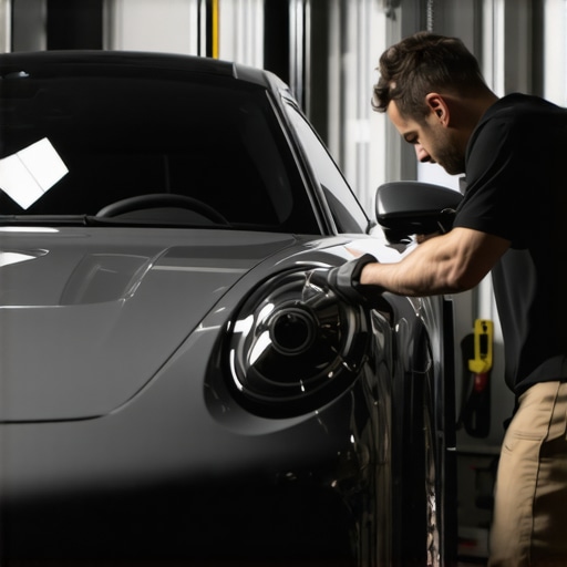 Professional detailer applying ceramic coating on a modern vehicle in a well-equipped garage.