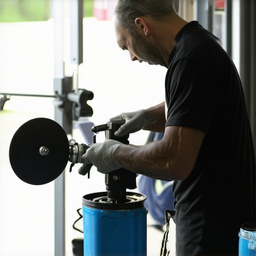 A technician carefully cleaning polishing tools in a detailed automotive workshop.