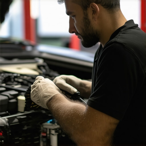 Professional detailer cleaning car interior and engine bay with specialized brushes.