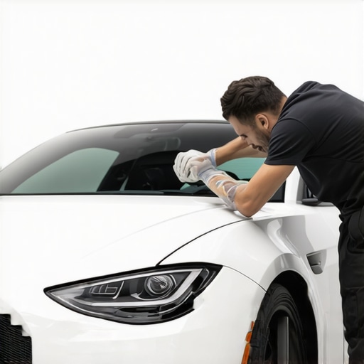 A detailer applying ceramic coating on a white vehicle with eco-friendly products in the background.