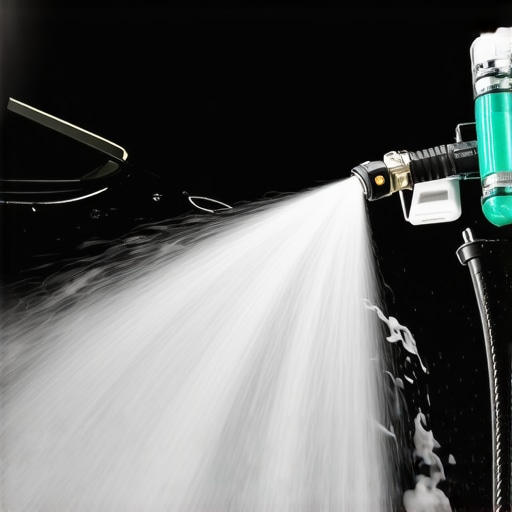 A foam cannon spraying dense foam on a car during detailing