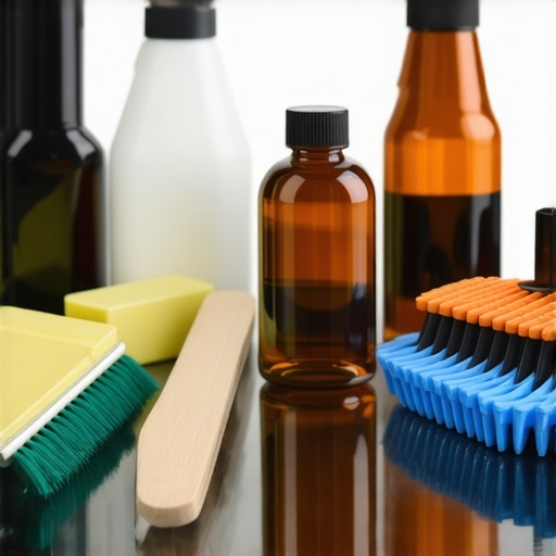 Assorted professional auto detailing products arranged neatly with a shiny car in the background.