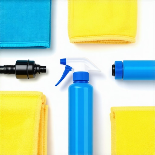 A set of professional car detailing equipment laid out, including foam cannon, microfiber towels, and spray nozzles.