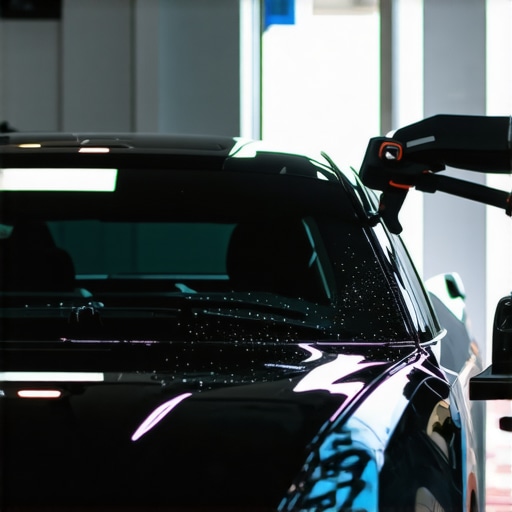 Technician applying ceramic coating to a car's glossy surface.
