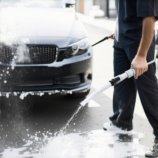 Close-up of foam lance spraying thick foam onto a vehicle during pre-wash detailing