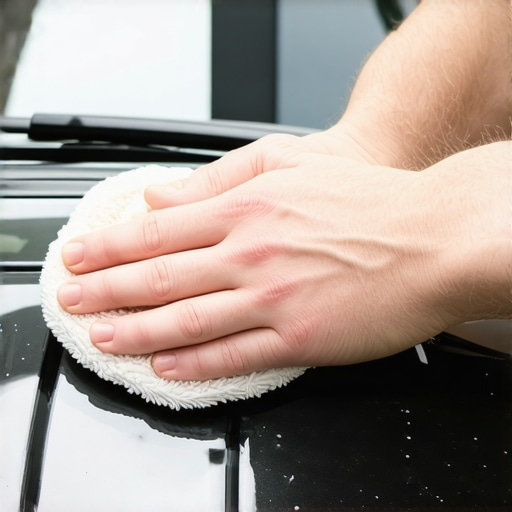A hand delicately washing a car with a microfiber mitt to prevent scratches.