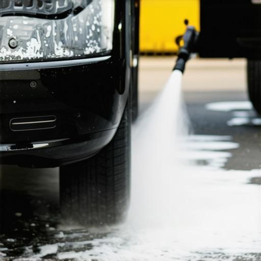 A detailed image showing a pressure washer with foam cannon spraying a car's exterior in a professional detailing environment