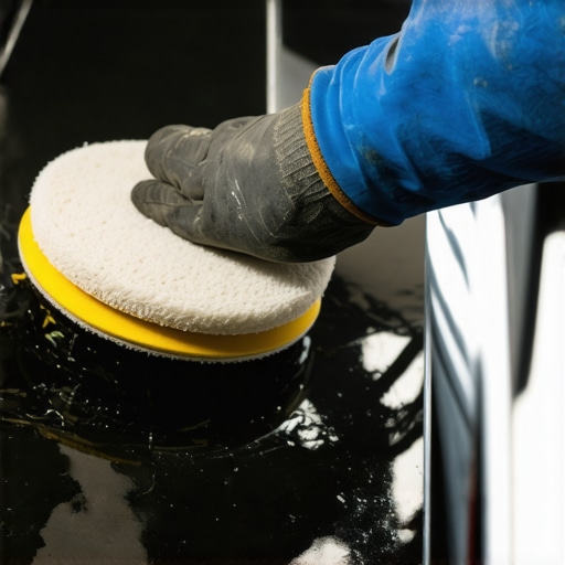 Close-up of a professional dual-action polisher polishing a car's paint surface with a microfiber pad in a detailing shop.
