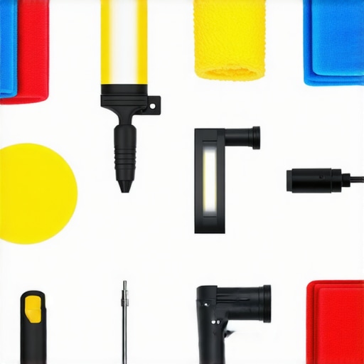 A professional car detailing workspace with polishing tools, microfiber towels, and portable LED lights arranged neatly.