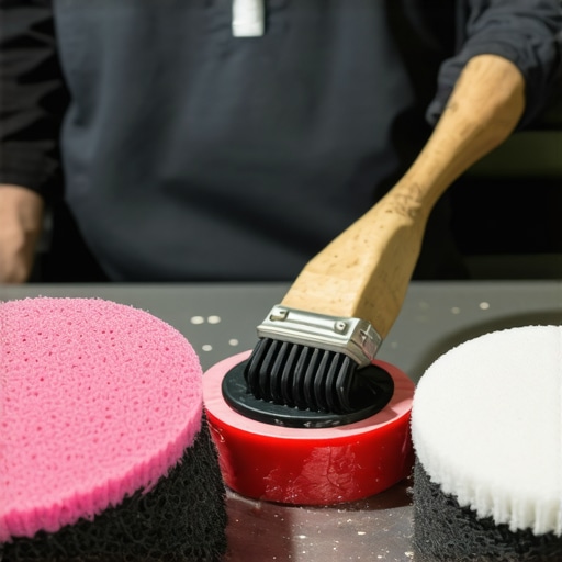 Detailer cleaning polishing pads and lubricating equipment in a workshop setting