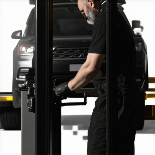 Technician inspecting and cleaning a mobile car detailing rig with tools and water hoses.