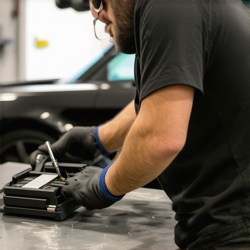 An auto detailer meticulously inspecting and cleaning car detailing equipment in their shop