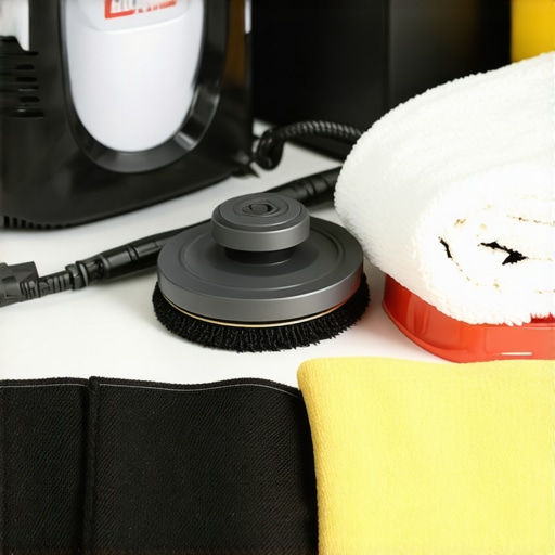 Detailed shot of car polishing tools and accessories organized for maintenance