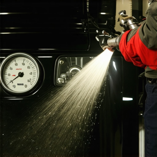 Detailer inspecting and maintaining a high-volume water rinse system with gauges and hoses