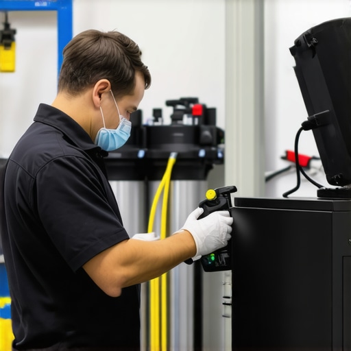 Technician performing maintenance on a mobile detailing rig in a workshop.