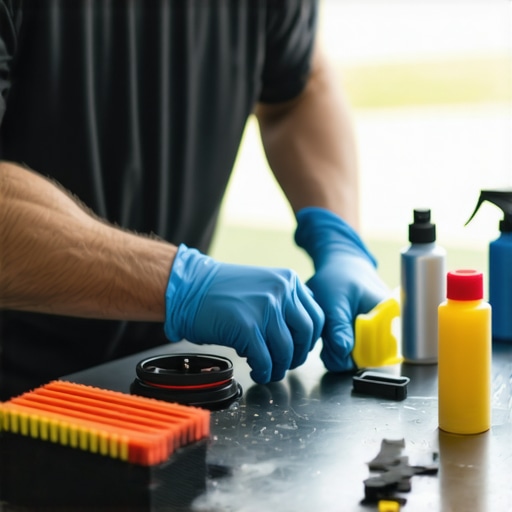 A well-organized detailing station with brushes, spray bottles, and cleaning equipment ready for use.