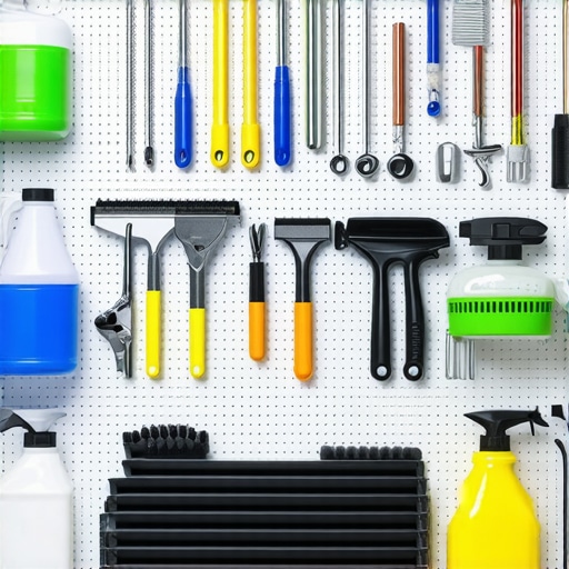 A set of professional car detailing tools and supplies organized on a shelf in a West LA workshop