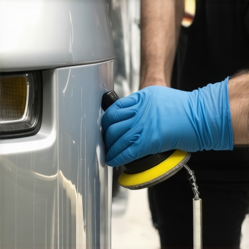 A detailed view of a car being polished with a dual action polisher for paint correction