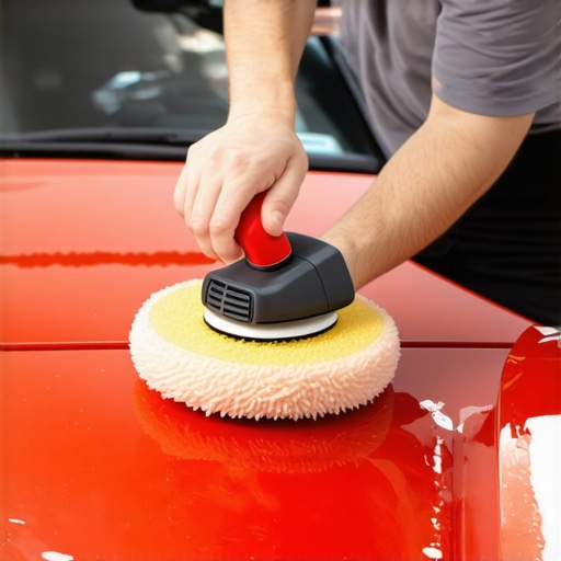 Polishing Car Paint in Progress Close-up of a detailer polishing a car with a cordless polisher to achieve a high-gloss finish.