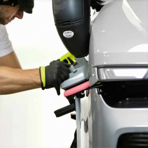Car being polished with a dual-action polisher in a detailing shop.