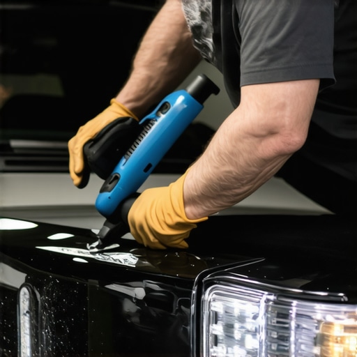 Professional auto detailer polishing a car to achieve high-gloss mirror finish.