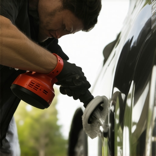 Professional detailer polishing a car with a dual-action polisher to achieve high-gloss finish