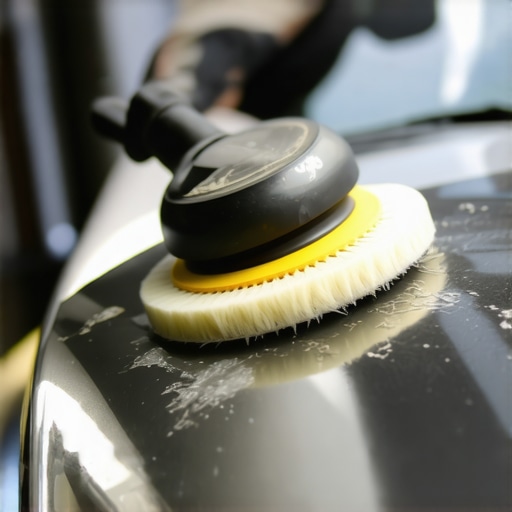 Dual-action polisher applying finishing polish on a shiny car surface.