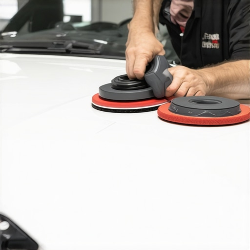 Professional car detailing with cordless polisher and polishing pads in a workshop