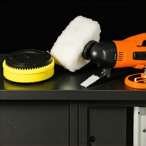A professional car detailing toolkit with a polisher, foam cannon, and LED inspection light organized on a workbench.