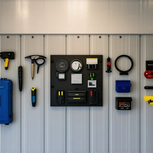 A detailed view of car detailing equipment and products arranged in a garage