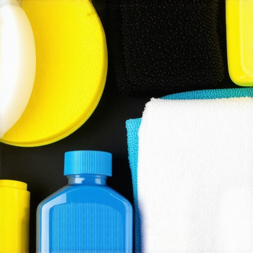 A detailed shot of various high-quality car detailing products arranged on a workbench, showcasing polishes, microfiber towels, and ceramic coatings for vehicle care