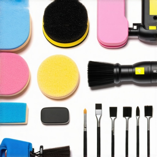 Professional Car Detailing Tools A collection of high-quality car detailing tools arranged on a workbench, including LED lights, polishers, pads, and brushes.