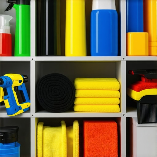 Professional Car Detailing Tools Setup A well-organized car detailing workshop with cordless polishers, microfiber towels, and shelves of cleaning supplies.