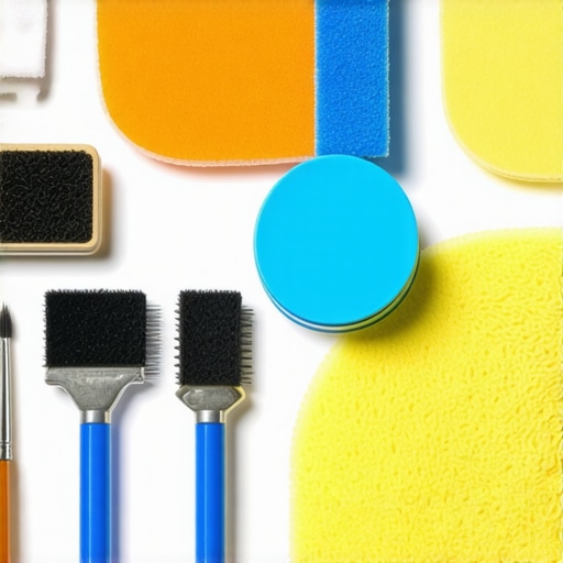 Close-up photo of polishing and detailing tools arranged on a workbench, showing microfiber pads, polisher, and bottles of ceramic coating