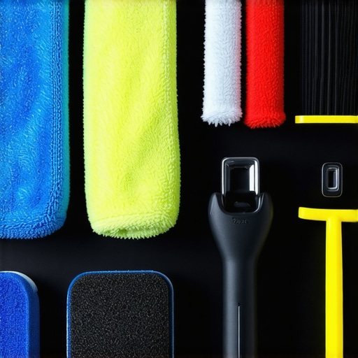 A collection of car detailing tools including microfiber towels, polishing machines, and ceramic coating applicators arranged in a professional garage setting.