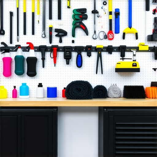 Array of detailed car polishing pads, sprayers, microfiber towels, and cleaning brushes in a professional workshop.