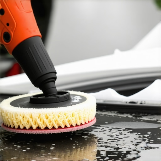 A person polishing a car using a dual-action polisher with foam cannon nearby