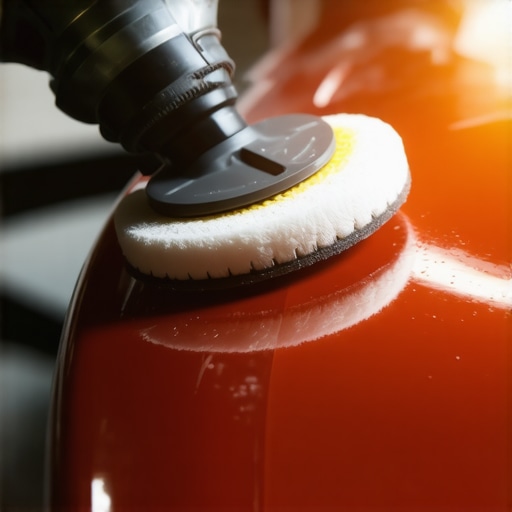 A dual-action polisher being used on a glossy car surface in a professional detailing setting