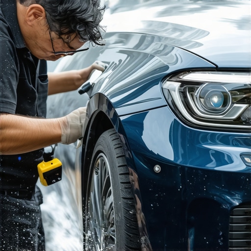 Car detailing tools and ceramic coating being applied by a professional technician