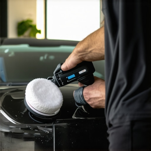 Professional Car Detailing Tools in Action A detailer polishing a car with a dual-action polisher and microfiber pads in a professional garage.