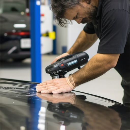 Car detailing technician polishing a vehicle's paint with a dual-action buffer in a professional shop.