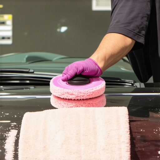 Dual-action polisher polishing a car's surface with microfiber pads in a professional setting.