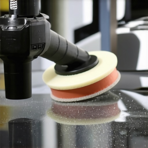 Close-up of a dual-action polisher smoothing a car's paint for a high-gloss finish